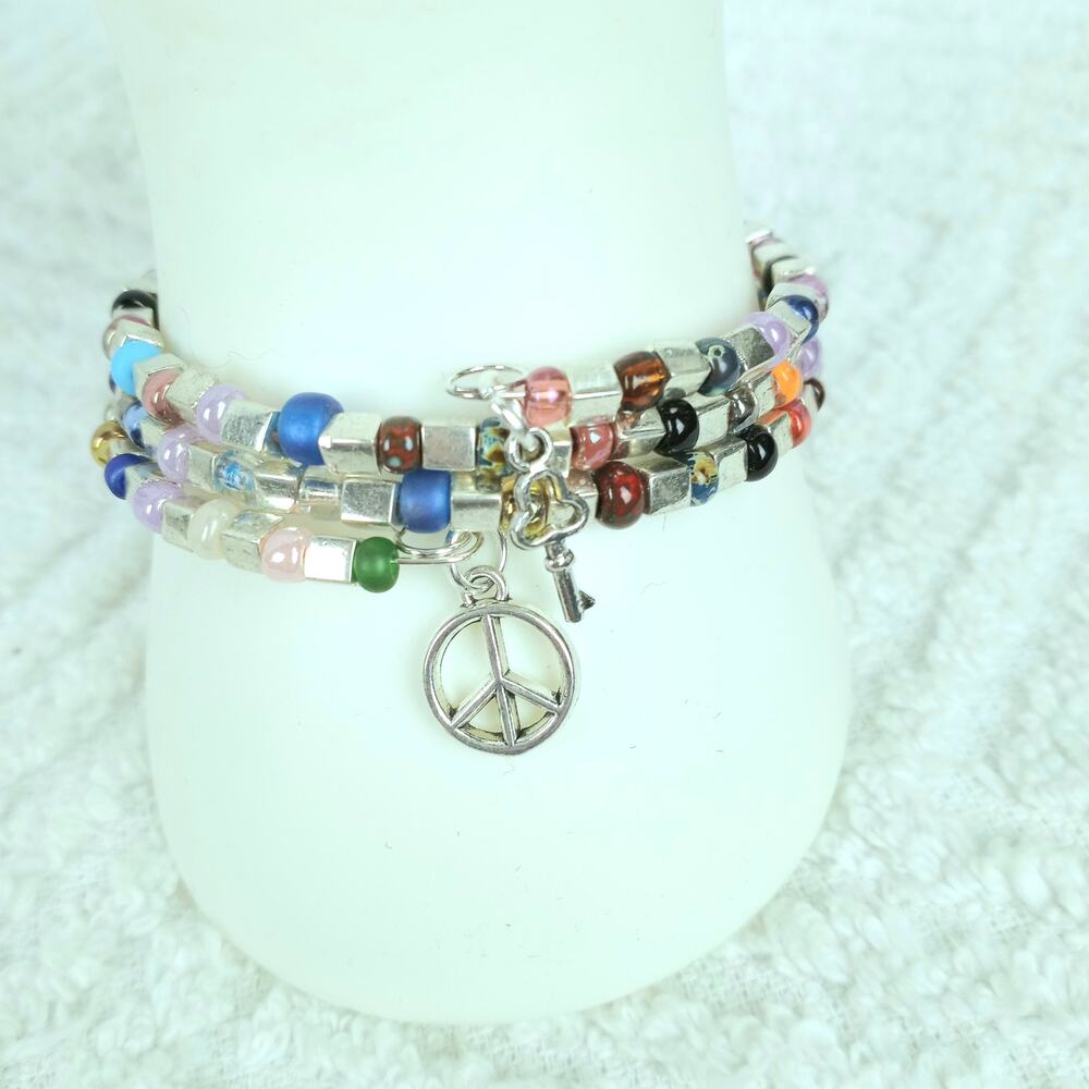 HANDMADE ~ Triple Wrap Memory Bracelet Silver Squares & Multi Colors